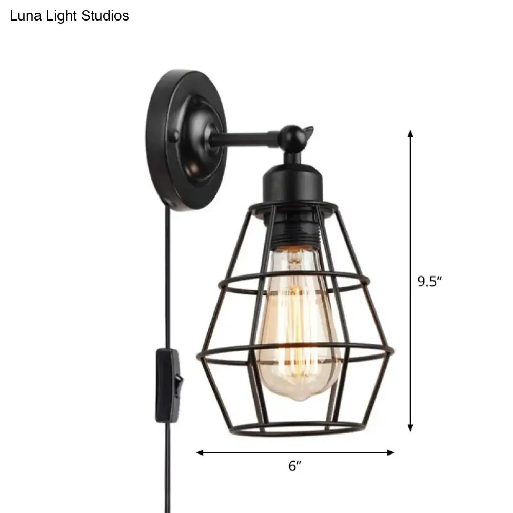 Rustic Iron Wire Cage Rotating Wall Lamp with 1 Light for Bedroom Reading - Black (With/Without Switch)