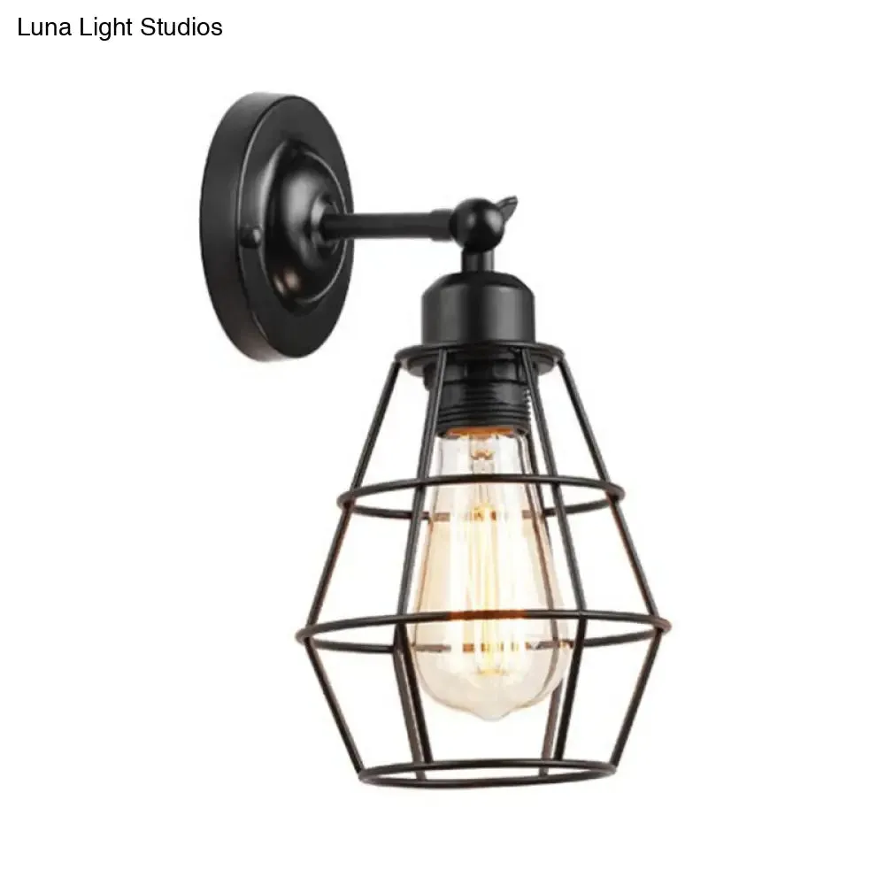 Rustic Iron Wire Cage Rotating Wall Lamp with 1 Light for Bedroom Reading - Black (With/Without Switch)