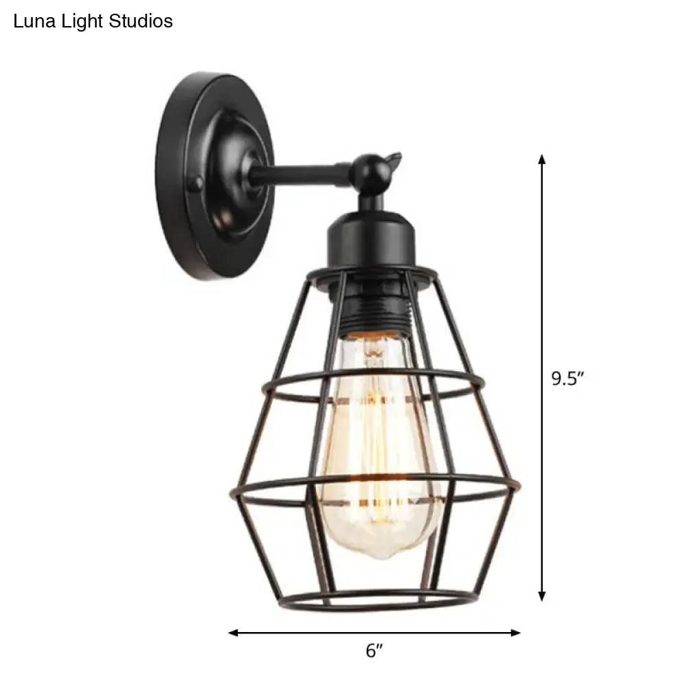 Rustic Iron Wire Cage Rotating Wall Lamp with 1 Light for Bedroom Reading - Black (With/Without Switch)