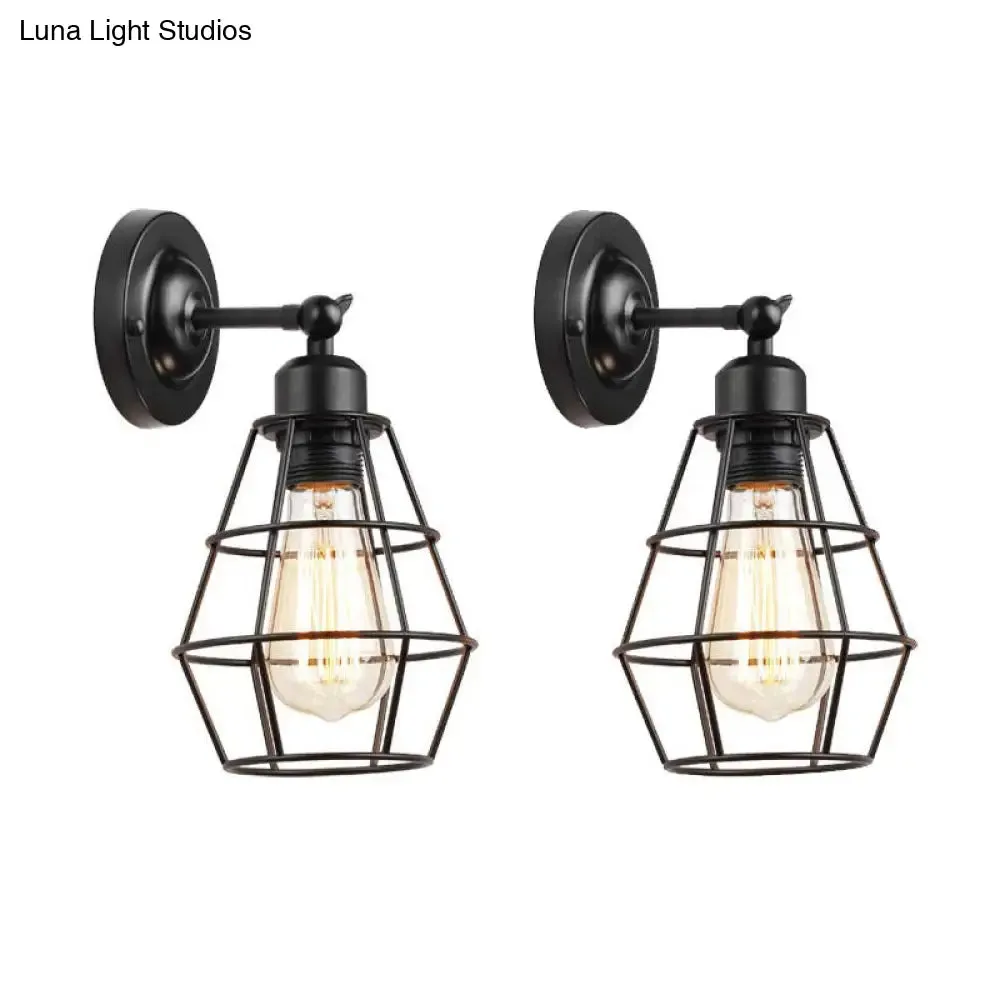 Rustic Iron Wire Cage Rotating Wall Lamp with 1 Light for Bedroom Reading - Black (With/Without Switch)