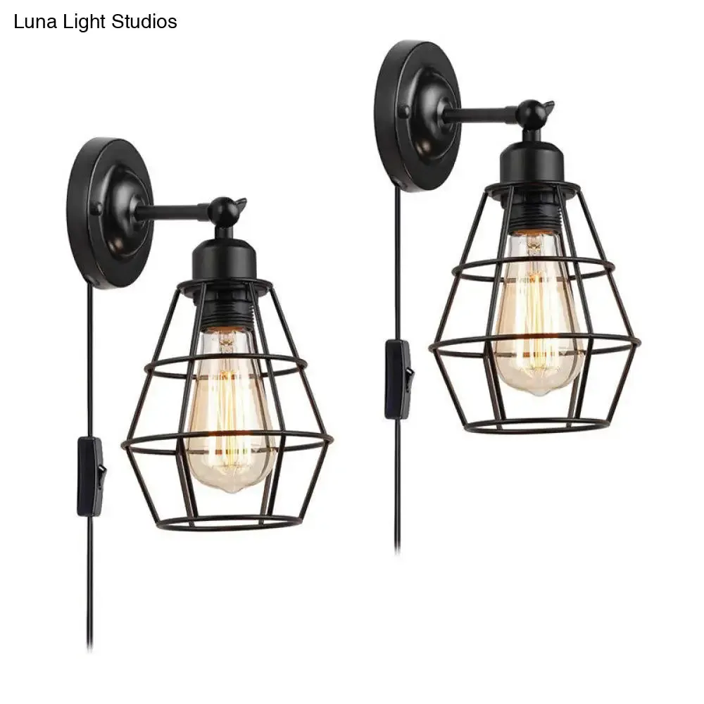 Rustic Iron Wire Cage Rotating Wall Lamp with 1 Light for Bedroom Reading - Black (With/Without Switch)