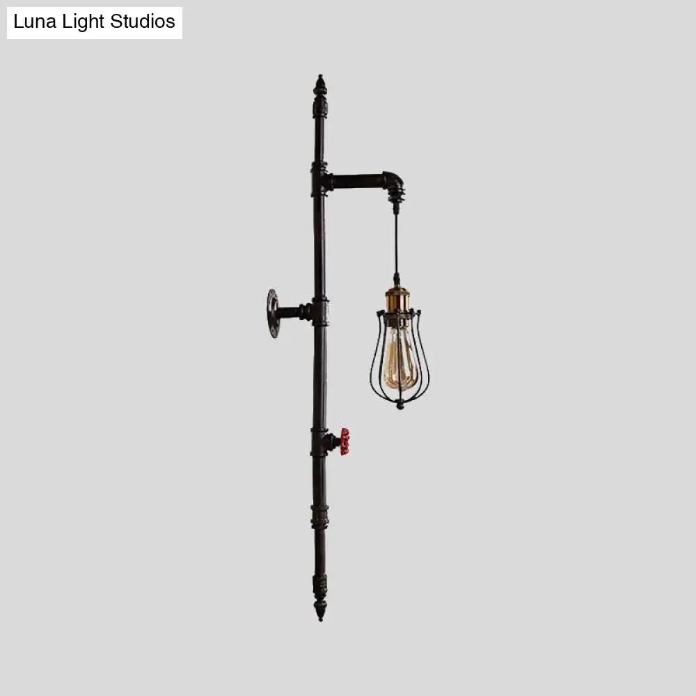 Rustic Wire Guard Wall Hanging Light with Iron Water Pipe Sconce in Black - Stylish Lighting for Living Room