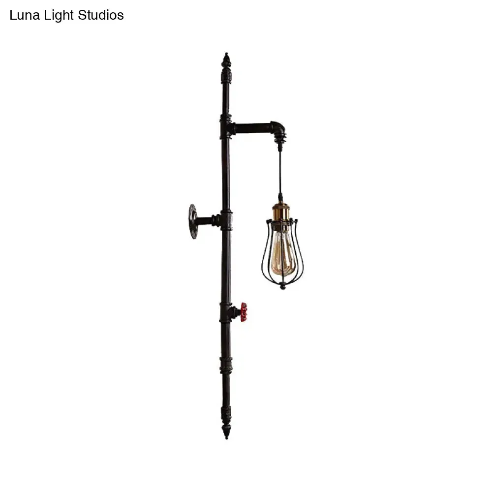 Rustic Wire Guard Wall Hanging Light with Iron Water Pipe Sconce in Black - Stylish Lighting for Living Room