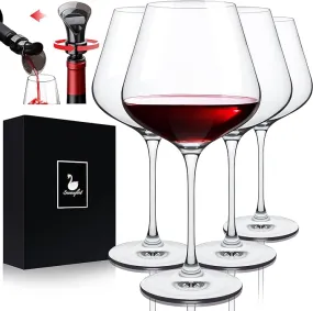 Swanfort Red Wine Glasses Set of 4, Long Stem Crystal Wine Glasses, Burgundy Wine Glass with Gift Box, 650ml Large Wine Glasses with Stem for Wedding Anniversary Birthday Gifts