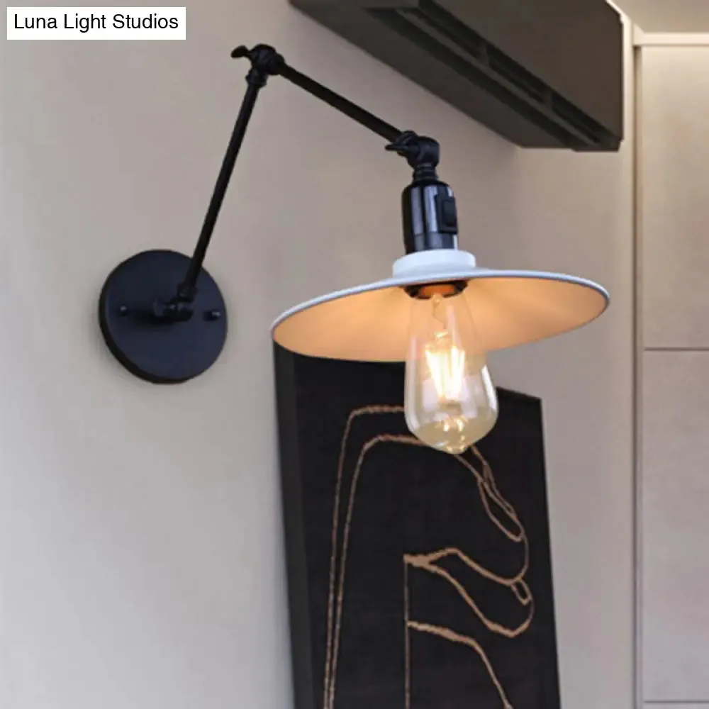 Swing Arm Metal Wall Sconce with Saucer Shade - Black/White, 1 Light Fixture for Living Room