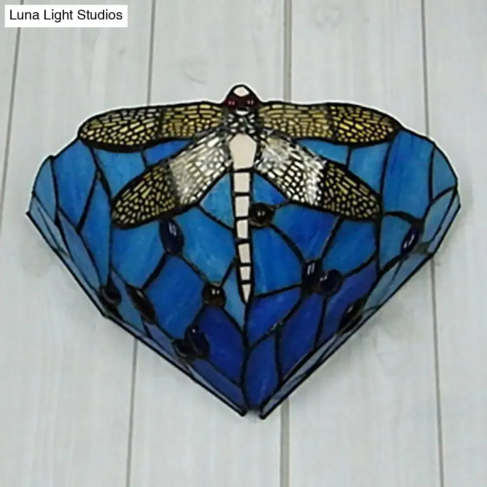 Tiffany Dragonfly Patterned Glass Wall Sconce with Cone Cut Mount