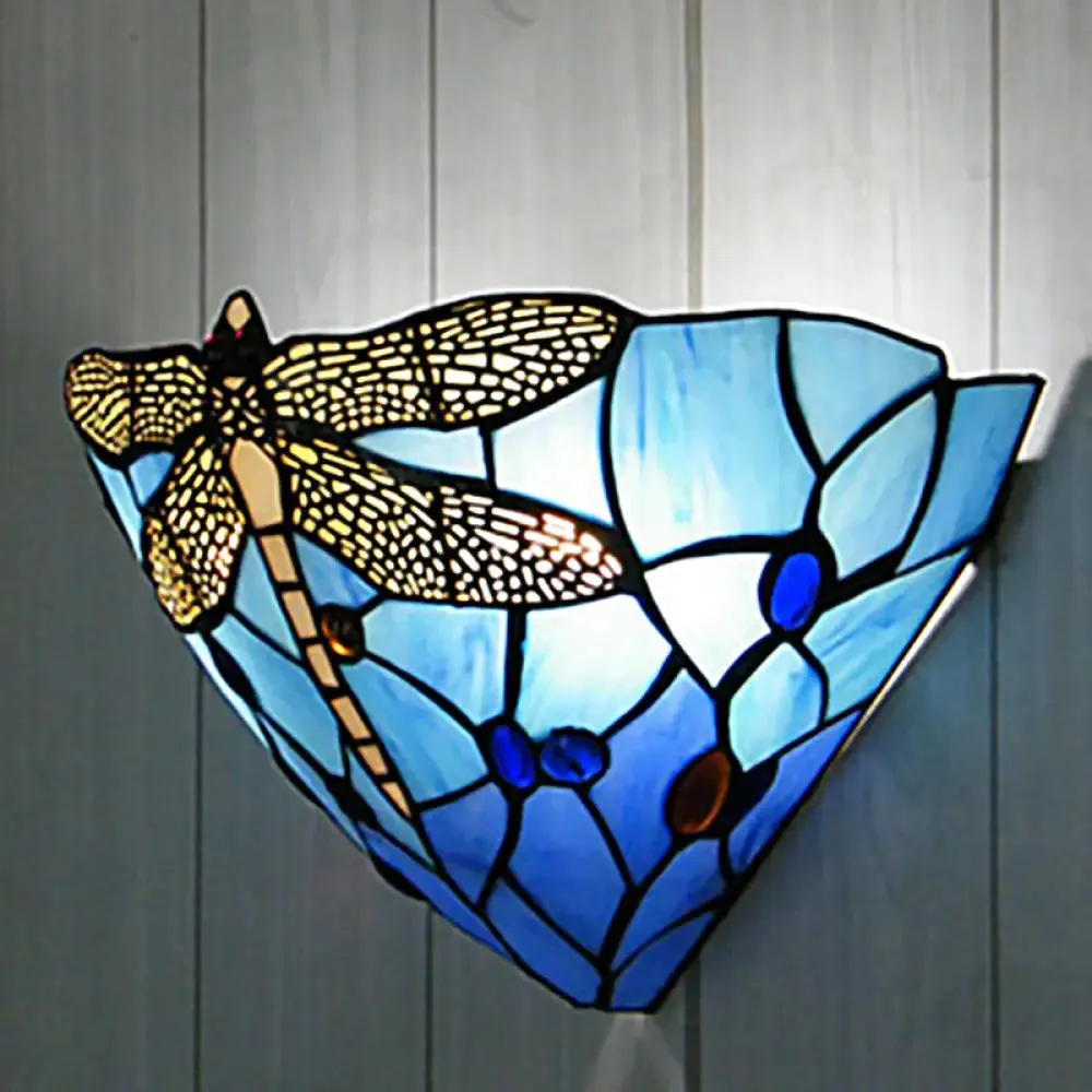 Tiffany Dragonfly Patterned Glass Wall Sconce with Cone Cut Mount