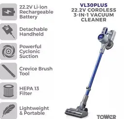 Tower VL30 Plus Cordless Vacuum Cleaner 22.2v  - Blue