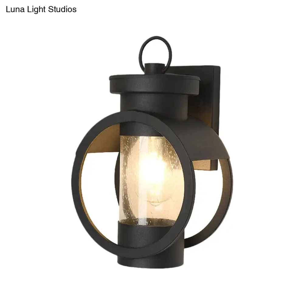 Traditional Seedy Glass Cylindrical Wall Sconce - Black 1-Bulb Outdoor Lamp