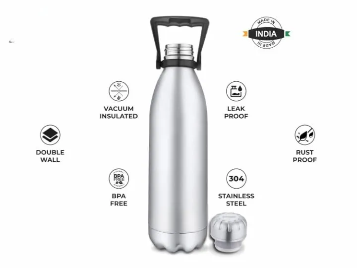 TRENDCARD Stainless Steel 24 Hrs Hot and Cold Vacuum Insulated Flask with Handle, 1.8 LTR, Set of 1, Silver, Echo | Lightweight | Trekking | Thermosteel Flask | Home | Kitchen | Traveling | Hiking