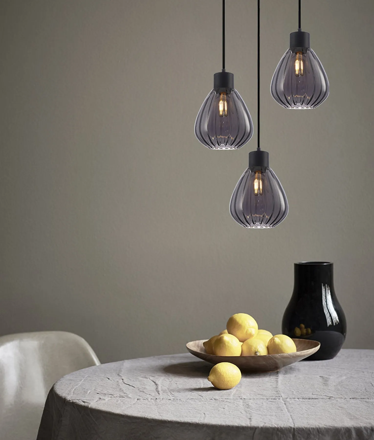 TULIP: Interior Bronze Amber / Smokey Black Wine Glass Ribbed Pendant Lights