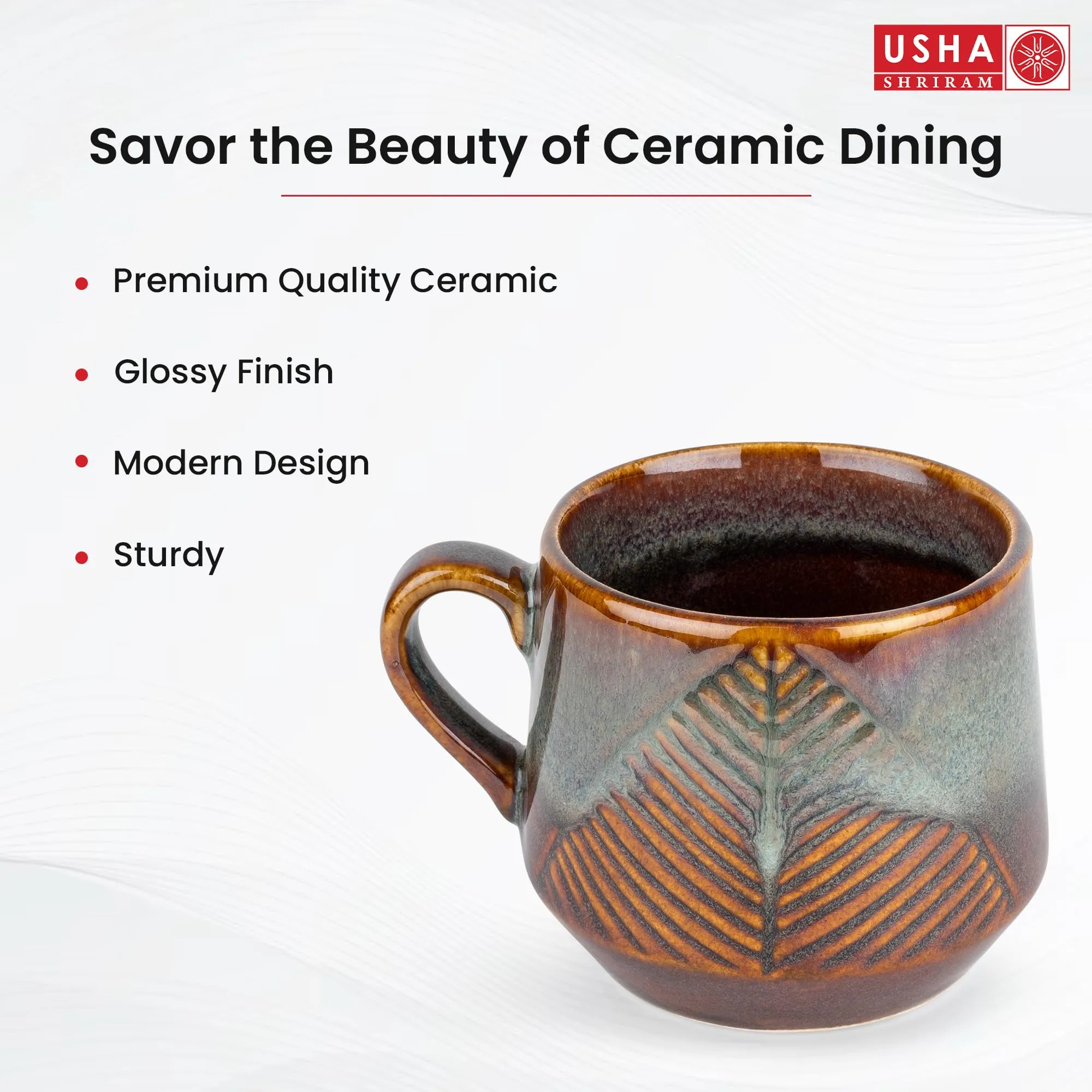 USHA SHRIRAM Ceramic Tea Coffee Cup with Handles (200 ml x 2) | Microwave Safe Tea Coffee Mugs for Home Office | Glossy Finish | Ceramic Mug for Gift | Gifting Mug Set (Pack of 2- Brown)