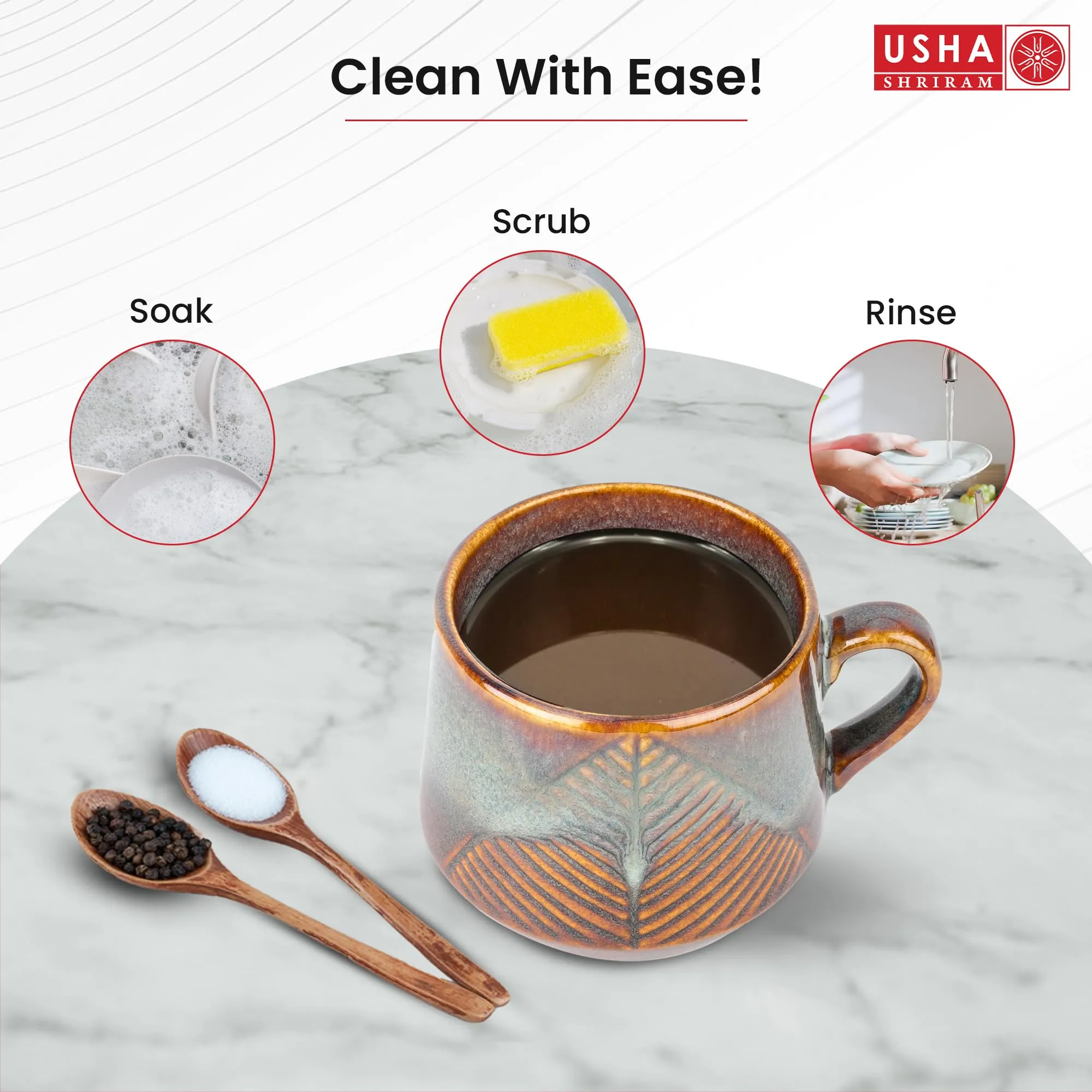 USHA SHRIRAM Ceramic Tea Coffee Cup with Handles (200 ml x 2) | Microwave Safe Tea Coffee Mugs for Home Office | Glossy Finish | Ceramic Mug for Gift | Gifting Mug Set (Pack of 2- Brown)