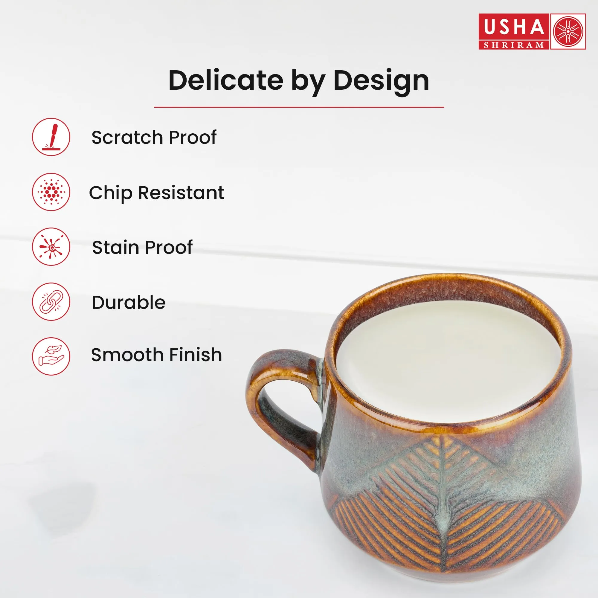 USHA SHRIRAM Ceramic Tea Coffee Cup with Handles (200 ml x 2) | Microwave Safe Tea Coffee Mugs for Home Office | Glossy Finish | Ceramic Mug for Gift | Gifting Mug Set (Pack of 2- Brown)