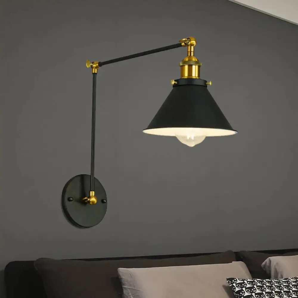 Vintage Cone Metal Wall Sconce with Swing Arm - 1 Bulb Restaurant Lighting Fixture in Black