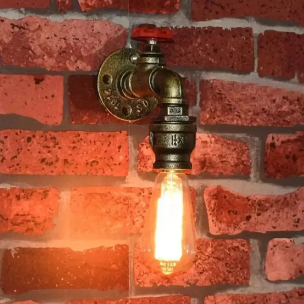 Vintage Gold Water Pipe Wall Mount Lamp with Valve for Restaurants - Metallic Head Wall Lighting