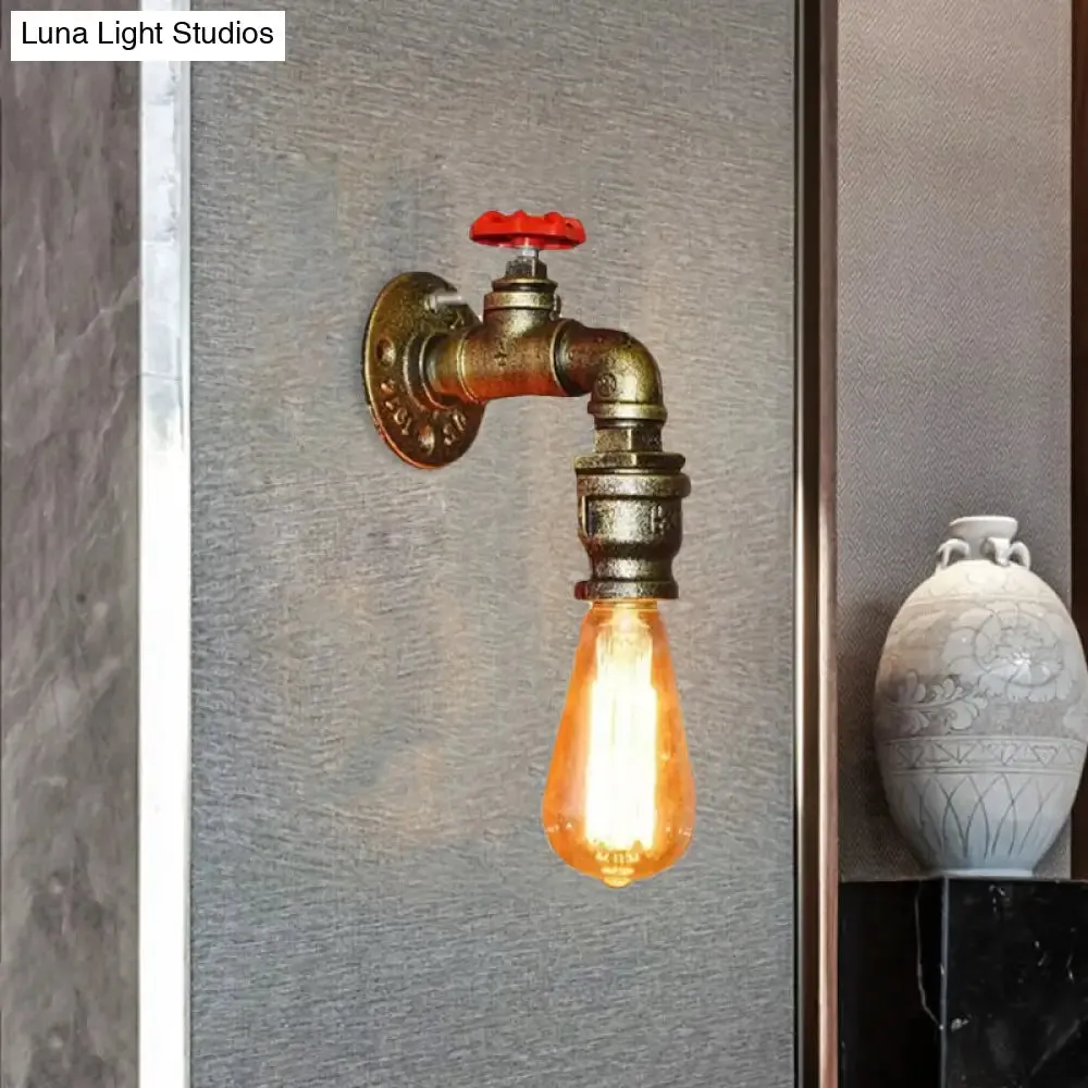 Vintage Gold Water Pipe Wall Mount Lamp with Valve for Restaurants - Metallic Head Wall Lighting