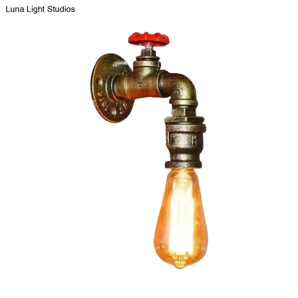 Vintage Gold Water Pipe Wall Mount Lamp with Valve for Restaurants - Metallic Head Wall Lighting