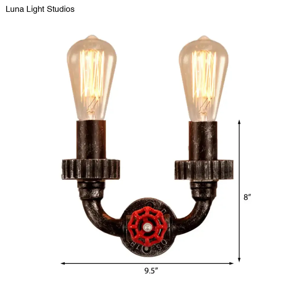 Vintage Industrial Wall Sconce Light - 2 Lights, Iron Bulb, Red Faucet Valve, Dark Rust