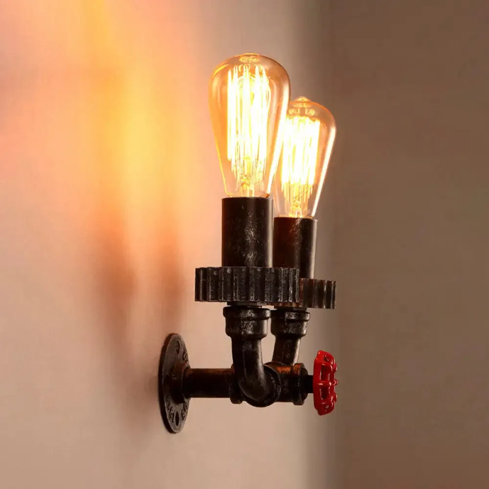 Vintage Industrial Wall Sconce Light - 2 Lights, Iron Bulb, Red Faucet Valve, Dark Rust