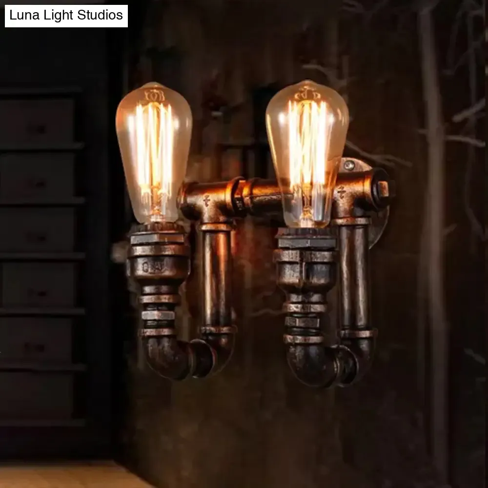 Vintage Iron Wall Light Fixture for Restaurants with Rustic Water Pipe Design and Dual Bulbs