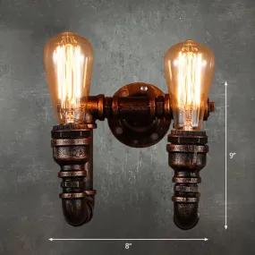 Vintage Iron Wall Light Fixture for Restaurants with Rustic Water Pipe Design and Dual Bulbs