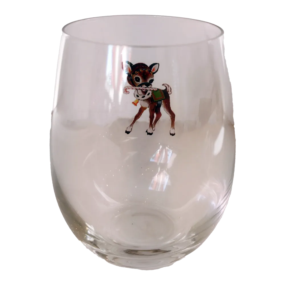 Vintage Reindeer Stemless Wine Glass