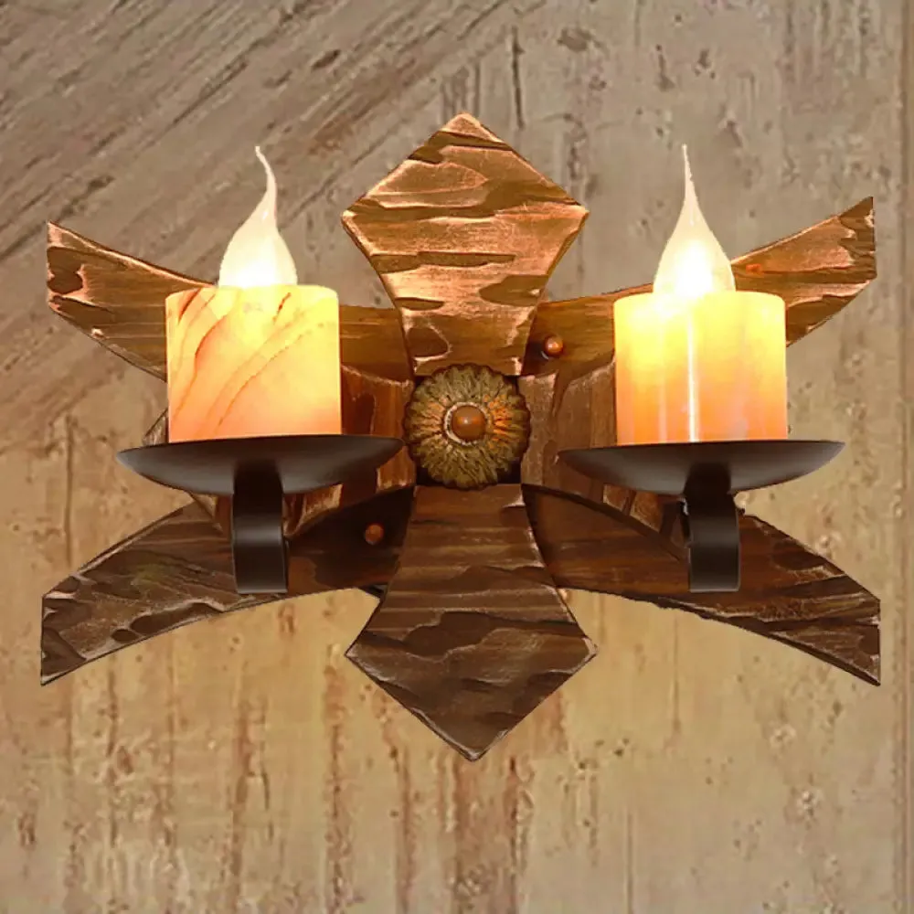 Vintage Style 2-Light Indoor Sconce Lamp: Black Candle/Lantern Wall Lighting with Clear Glass/Marble & Wooden Backplate