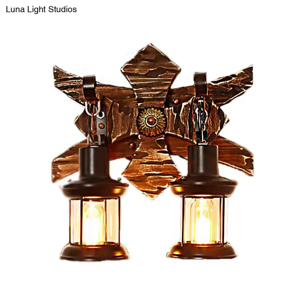 Vintage Style 2-Light Indoor Sconce Lamp: Black Candle/Lantern Wall Lighting with Clear Glass/Marble & Wooden Backplate