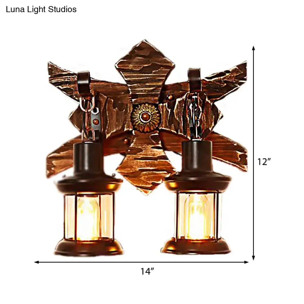 Vintage Style 2-Light Indoor Sconce Lamp: Black Candle/Lantern Wall Lighting with Clear Glass/Marble & Wooden Backplate