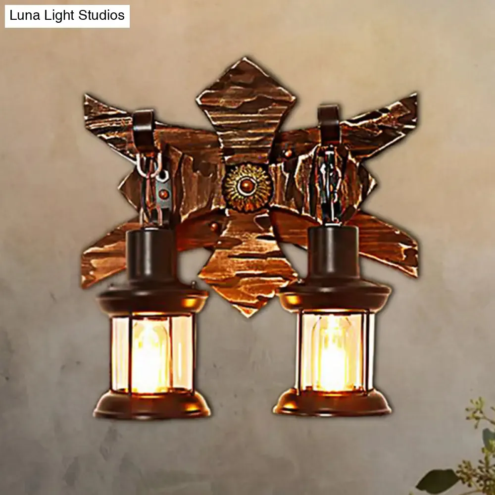 Vintage Style 2-Light Indoor Sconce Lamp: Black Candle/Lantern Wall Lighting with Clear Glass/Marble & Wooden Backplate