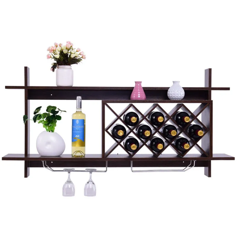 Wall Mount Wine Rack with Glass Holder and Storage Shelf