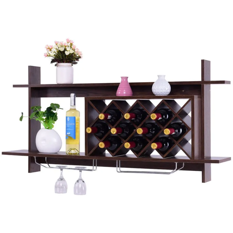 Wall Mount Wine Rack with Glass Holder and Storage Shelf