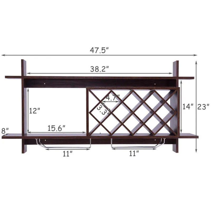 Wall Mount Wine Rack with Glass Holder and Storage Shelf