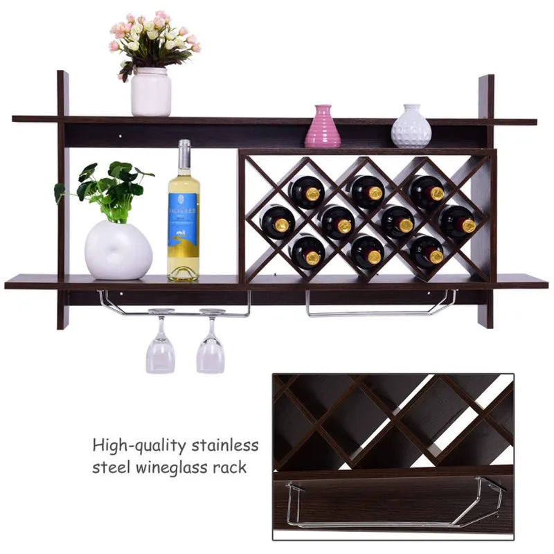 Wall Mount Wine Rack with Glass Holder and Storage Shelf