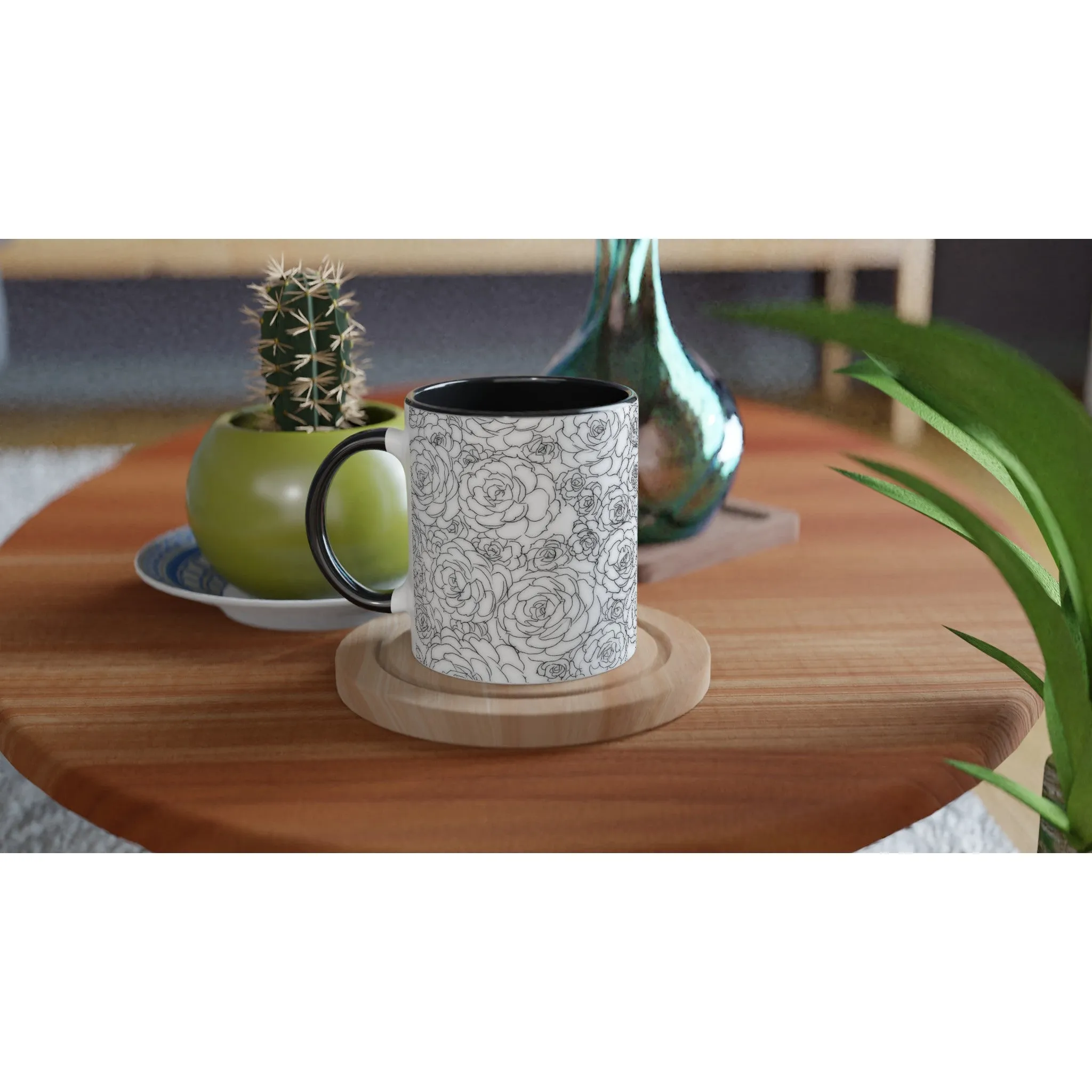 White Succulent Black 11oz Ceramic Mug with Color Inside