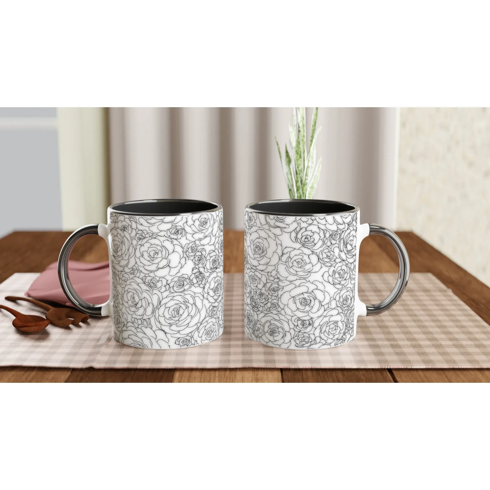 White Succulent Black 11oz Ceramic Mug with Color Inside