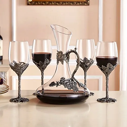 Wine Glasses Set of 5, Crystal Wine Glasses Set 4-Decanter with Enamels