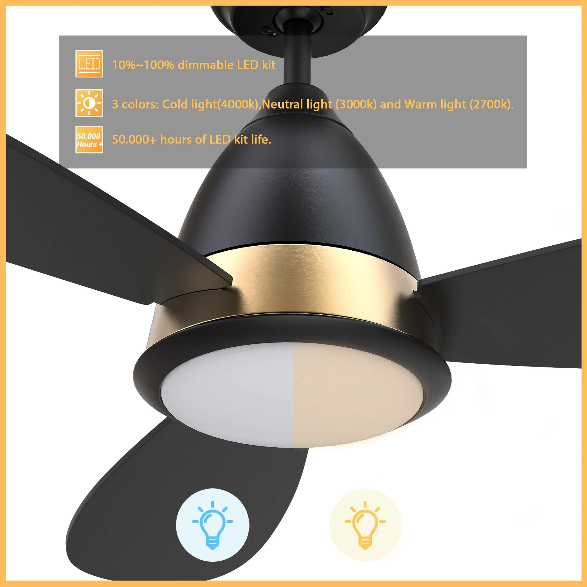 YORK 52 inch 3-Blade Smart Ceiling Fan with LED Light Kit & Remote Control- Black/Black (Gold Details)