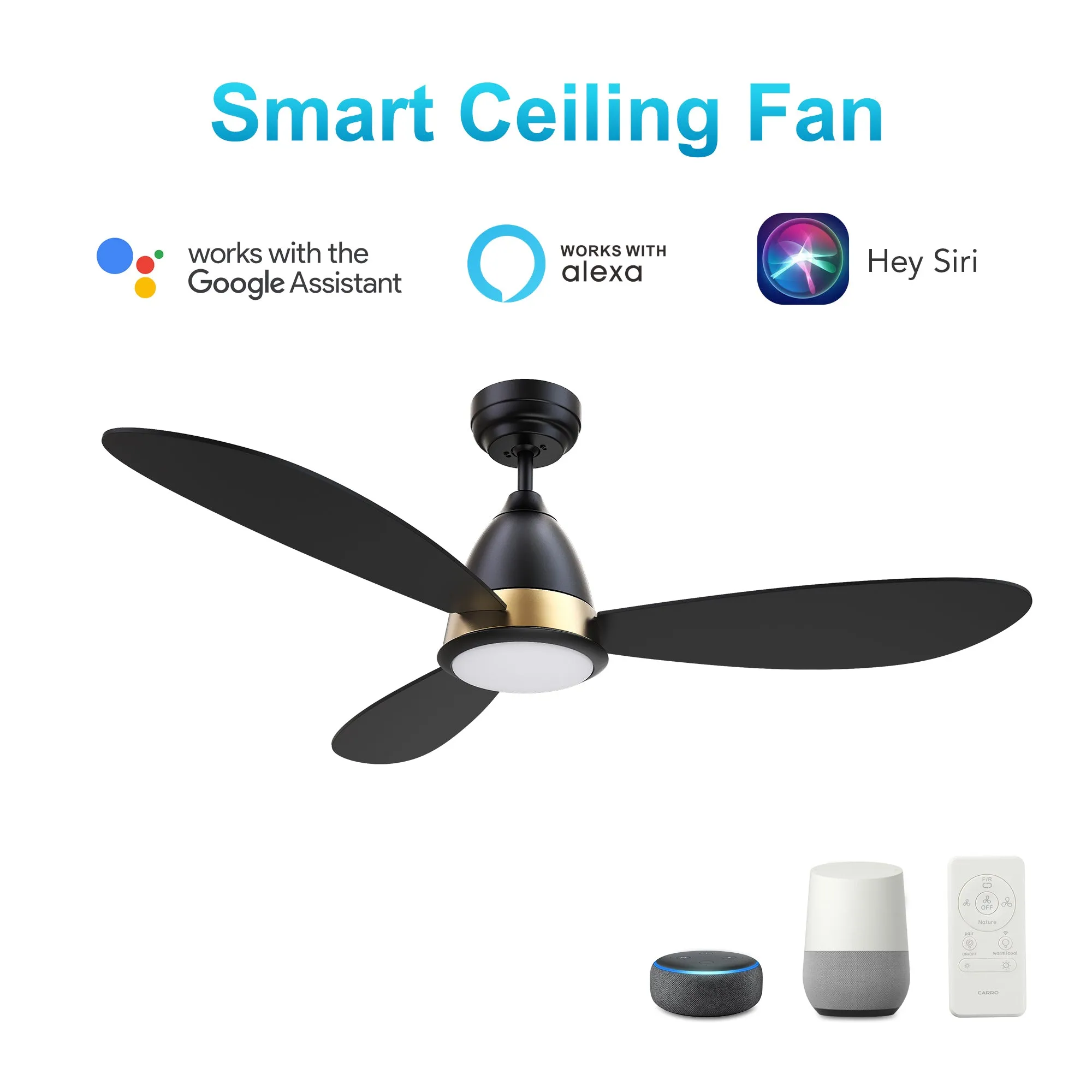 YORK 52 inch 3-Blade Smart Ceiling Fan with LED Light Kit & Remote Control- Black/Black (Gold Details)