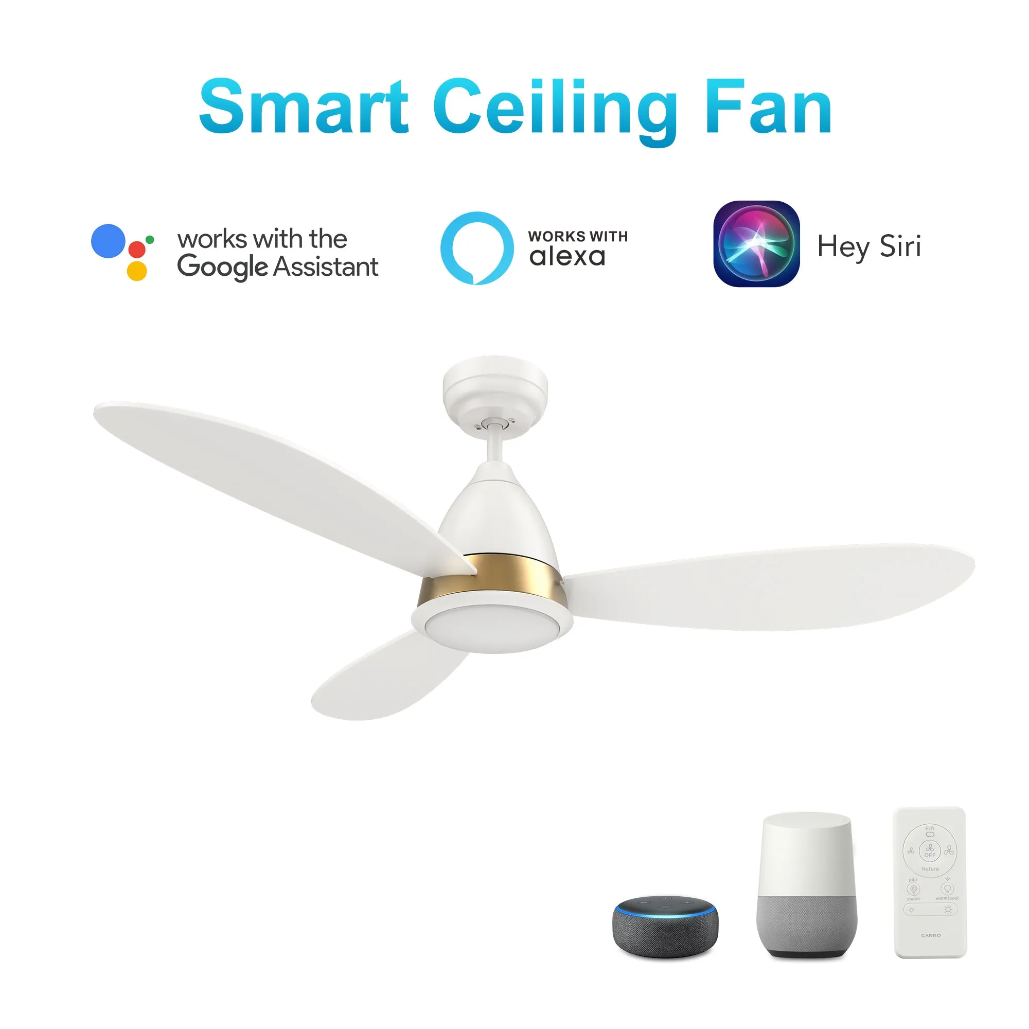 YORK 52 inch 3-Blade Smart Ceiling Fan with LED Light Kit & Remote Control- White/White (Gold Details)